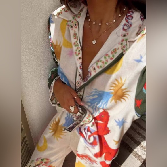 NWT Unique wonderland printed long sleeve shirt set S U94 - Picture 3 of 5